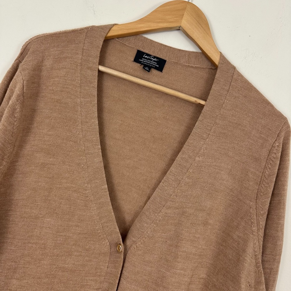 Lord & Taylor Cardigan Sweater Tan Parisian Merino Wool Quiet Luxury 2X Read